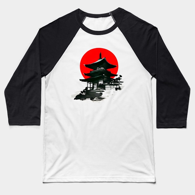 Japanese Temple With Red Circle Sumi e Ink Art Baseball T-Shirt by Ravenglow